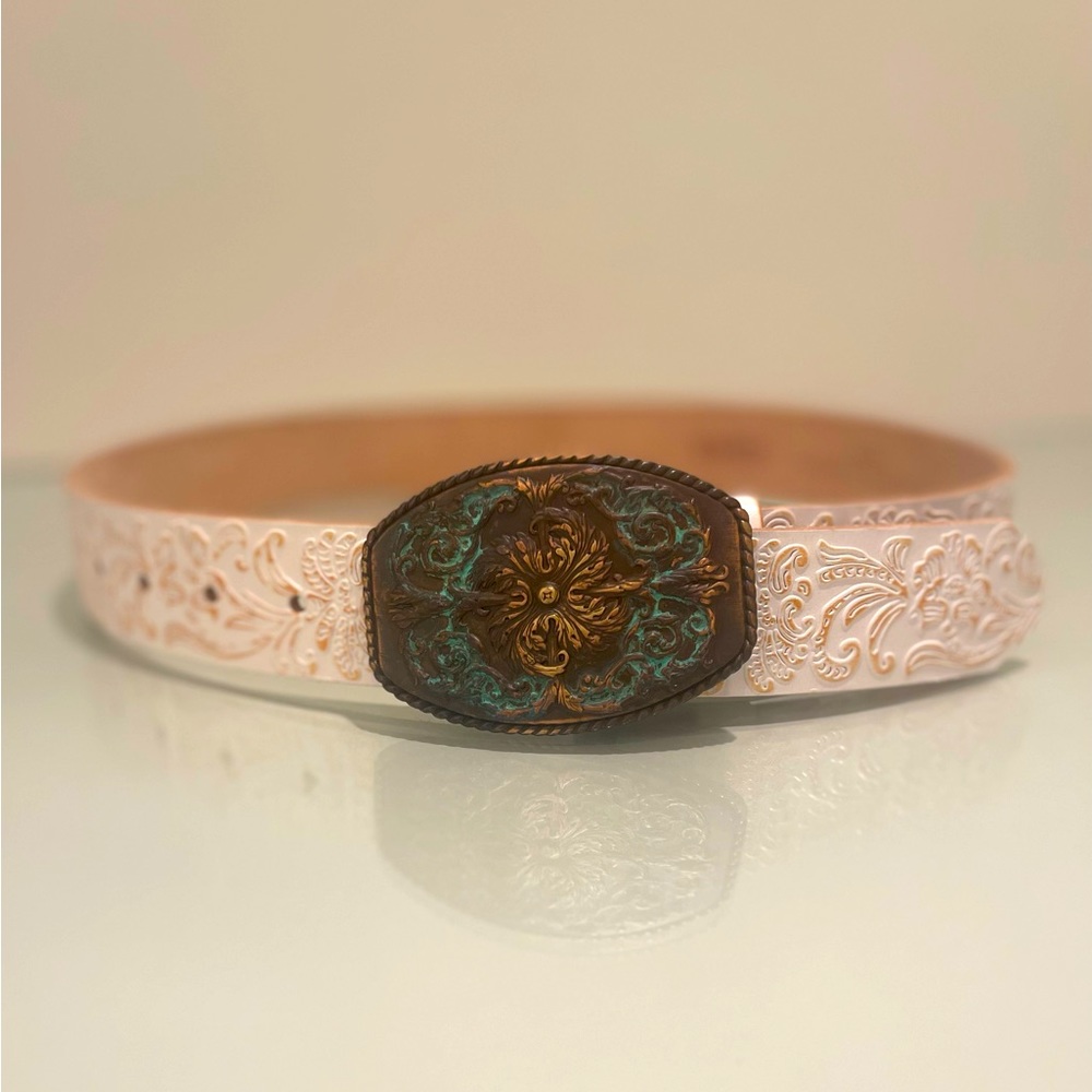 Women's Cream Embossed Leather Belt with Ornate Patina Buckle